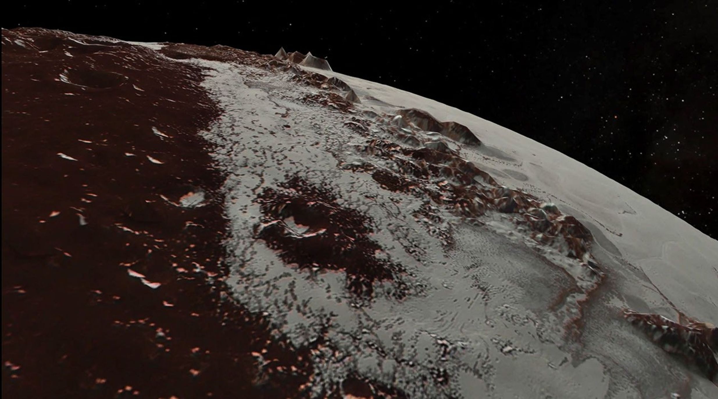 The dramatic Pluto flyover begins over the highlands to the southwest of the great expanse of nitrogen ice plain informally named Sputnik Planitia, as seen by NASA's New Horizons spacecraft.