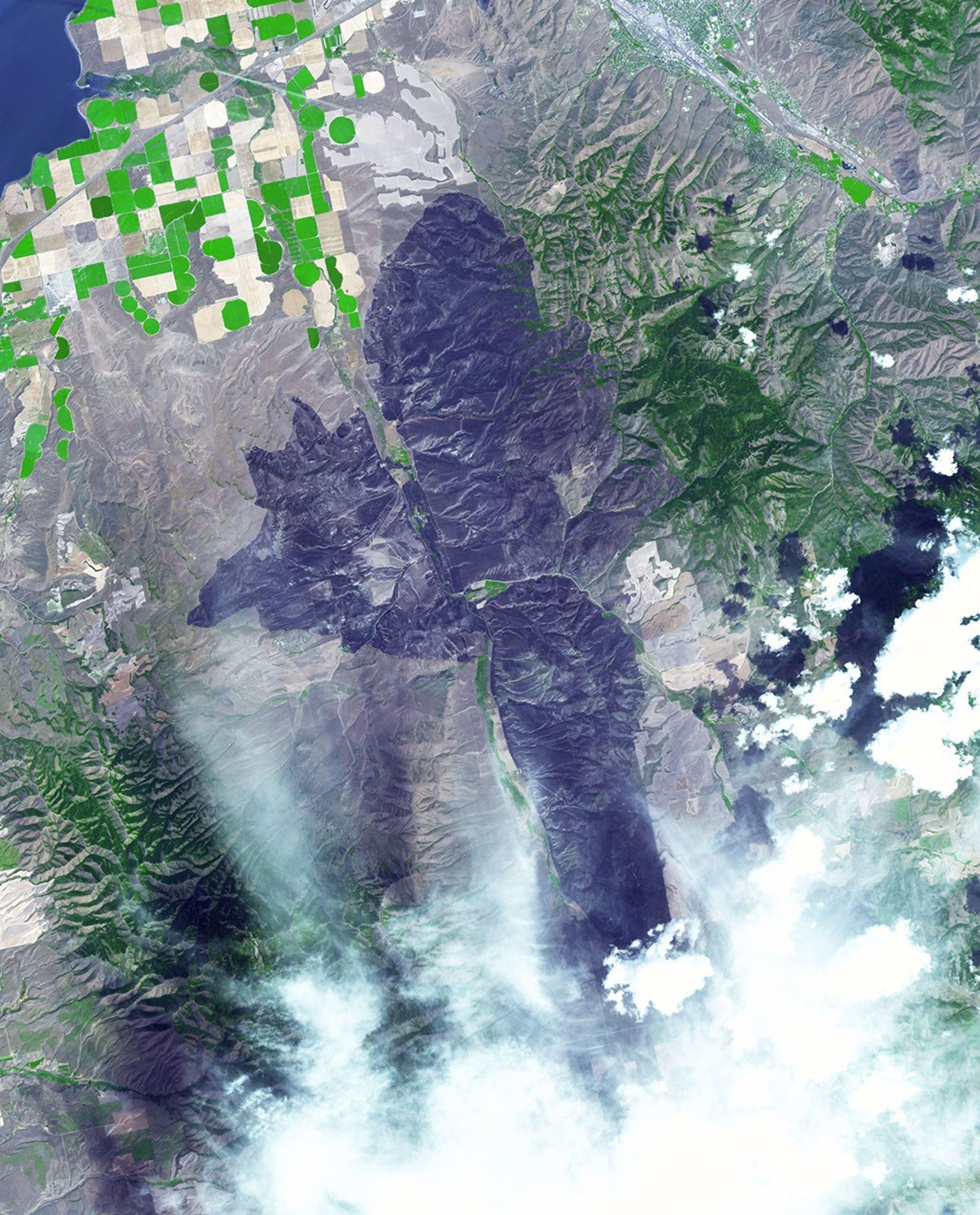 This image from NASA's Terra satellite, acquired on Aug. 13, 2017, shows 46,000 burned acres southwest of Pocatello, Idaho, threatening homes and filling the area with smoke.