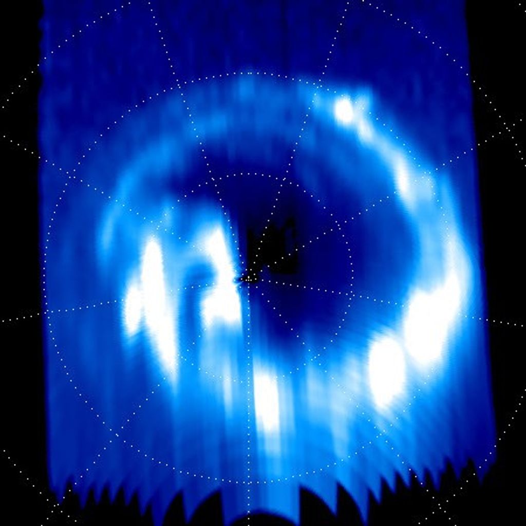 Cassini used its Ultraviolet Imaging Spectrograph to capture this final view of ultraviolet auroral emissions in Saturn's north polar region on Sept. 14, 2017.