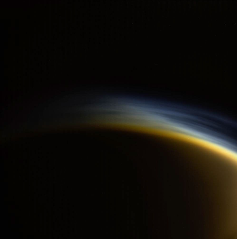 In this view from NASA's Cassini spacecraft, individual layers of haze can be distinguished in the upper atmosphere of Titan, Saturn's largest moon.