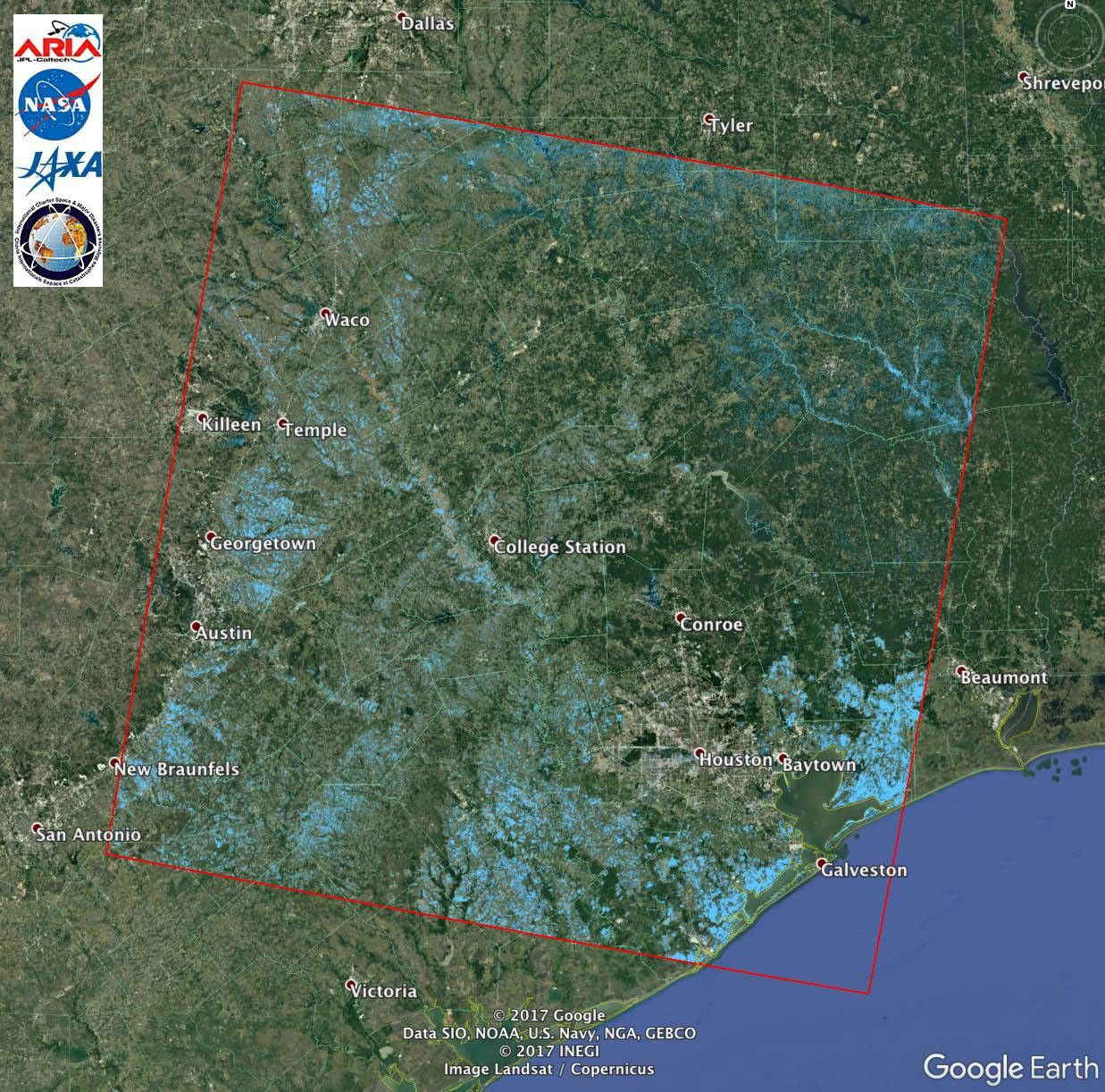NASA's Advanced Rapid Imaging and Analysis (ARIA) team at JPL acquired this flood proxy map of Southeastern Texas that are likely flooded as a result of Hurricane Harvey, shown by light blue pixels.