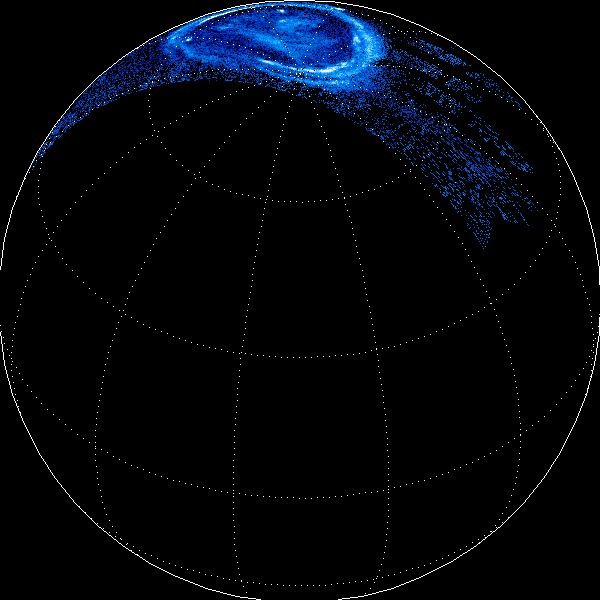 This is a reconstructed view of Jupiter's northern lights through the filters of Juno's Ultraviolet Imaging Spectrometer (UVS) instrument on Dec. 11, 2016, as the Juno spacecraft approached Jupiter, passed over its poles, and plunged towards the equator.