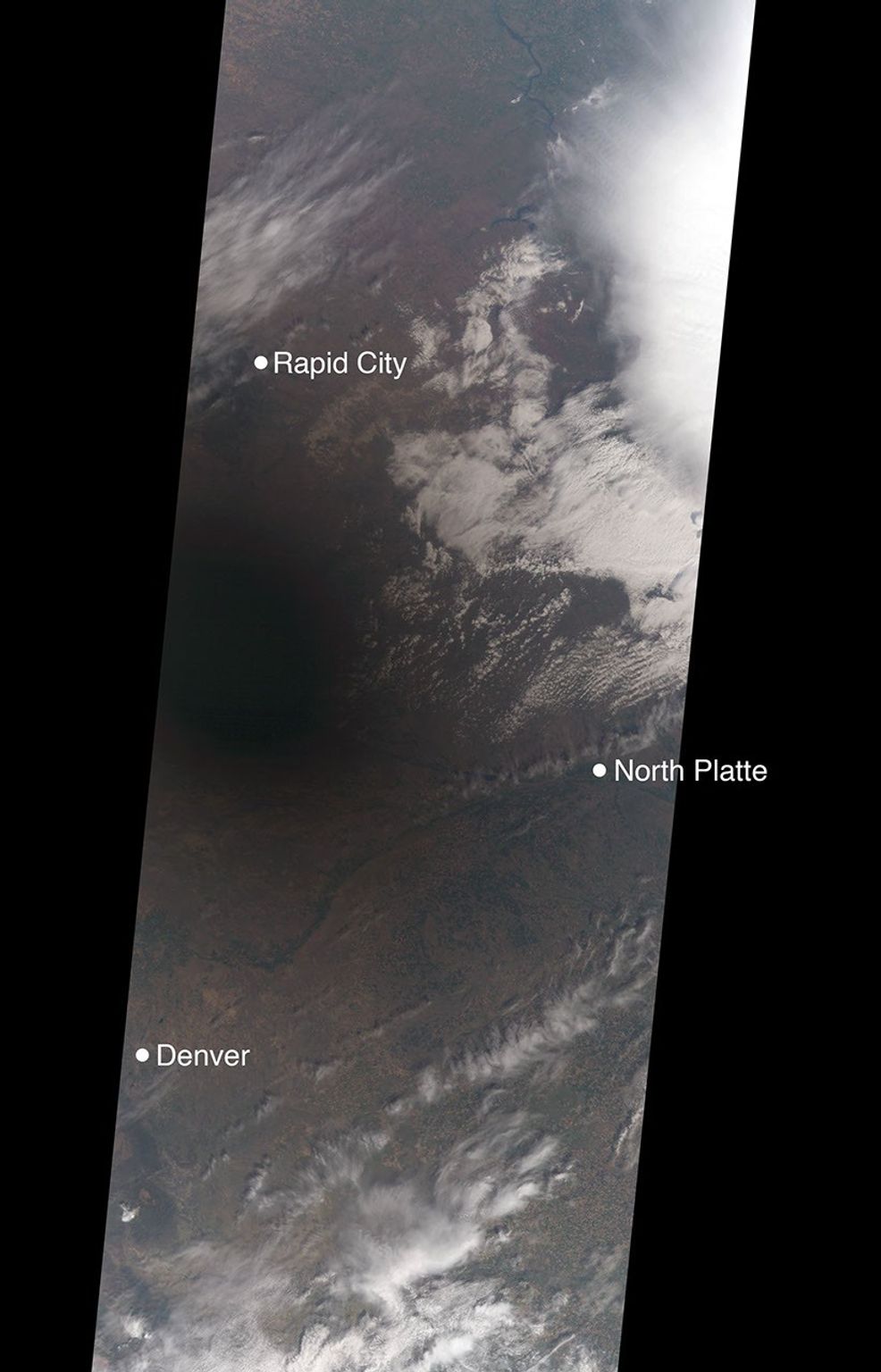 On Aug. 21, 2017, as the Moon's shadow passed through the United States, NASA's Terra satellite was capturing images of eastern Wyoming and western Nebraska from its altitude of 438 miles (705 kilometers) above the surface.
