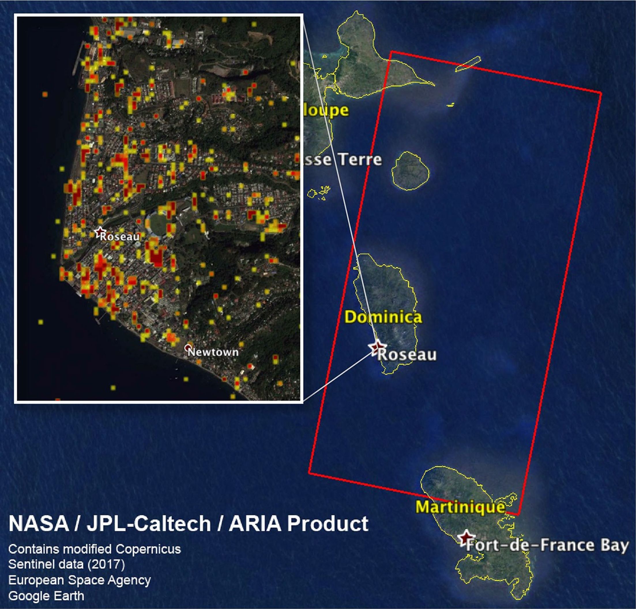 The ARIA team at NASA's JPL created this Damage Proxy Map depicting areas including the Commonwealth of Dominica, that are likely damaged (shown by red and yellow pixels) as a result of Hurricane Maria.