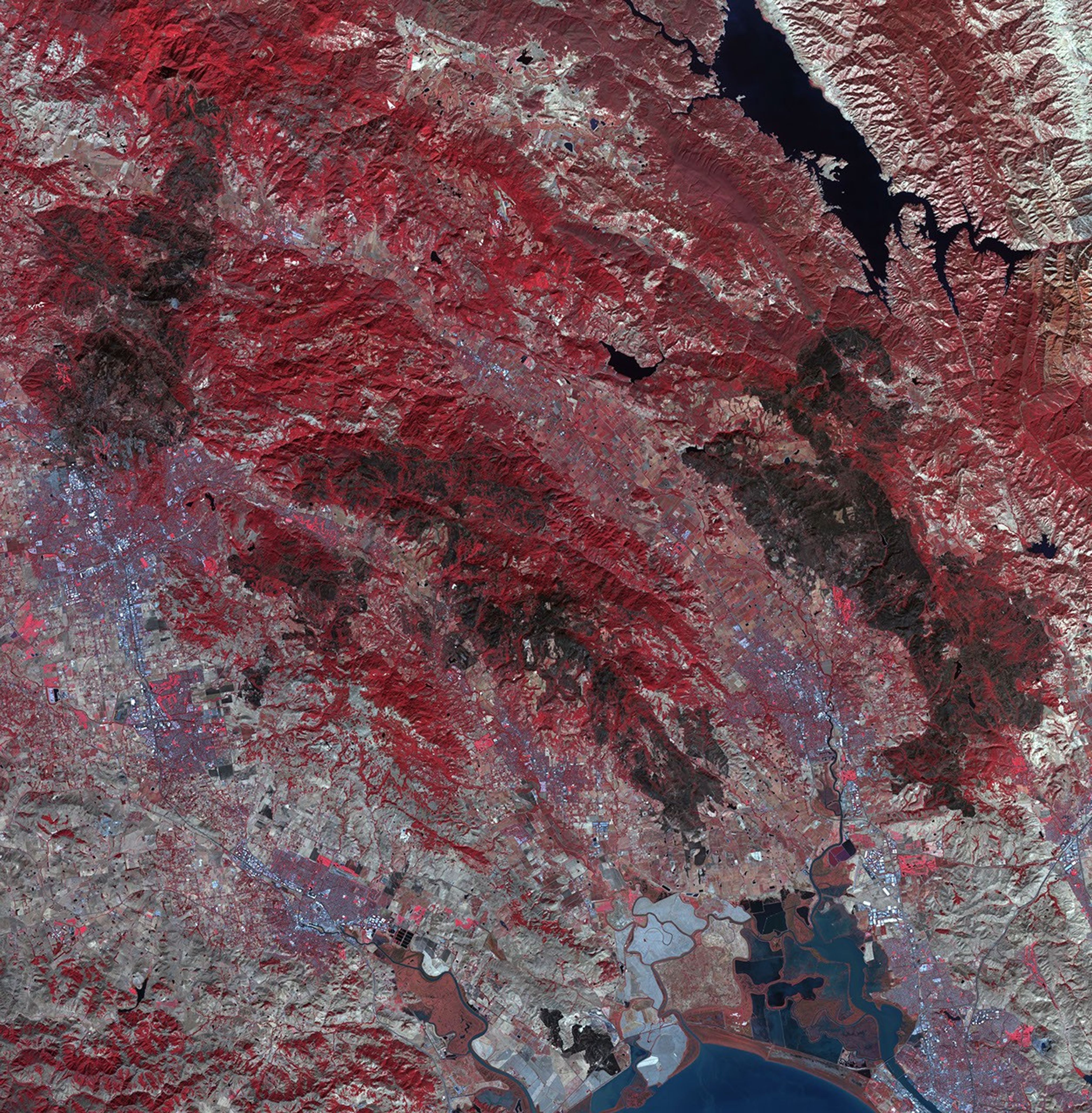 As firefighters continue to work toward full containment of the rash of wildfires burning in Northern California, this image from NASA's Terra satellite acquired on Oct. 21, 2017, shows the growing fire scar on the landscape.