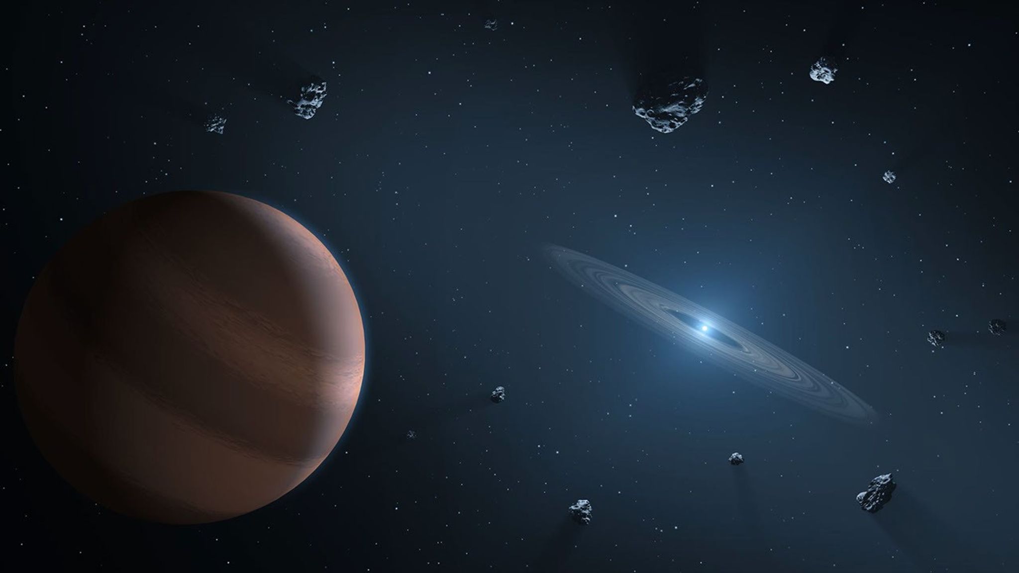 This artist's concept shows an exoplanet and debris disk orbiting a polluted white dwarf. White dwarfs are dim, dense remnants of stars similar to the Sun that have exhausted their nuclear fuel and blown off their outer layers.