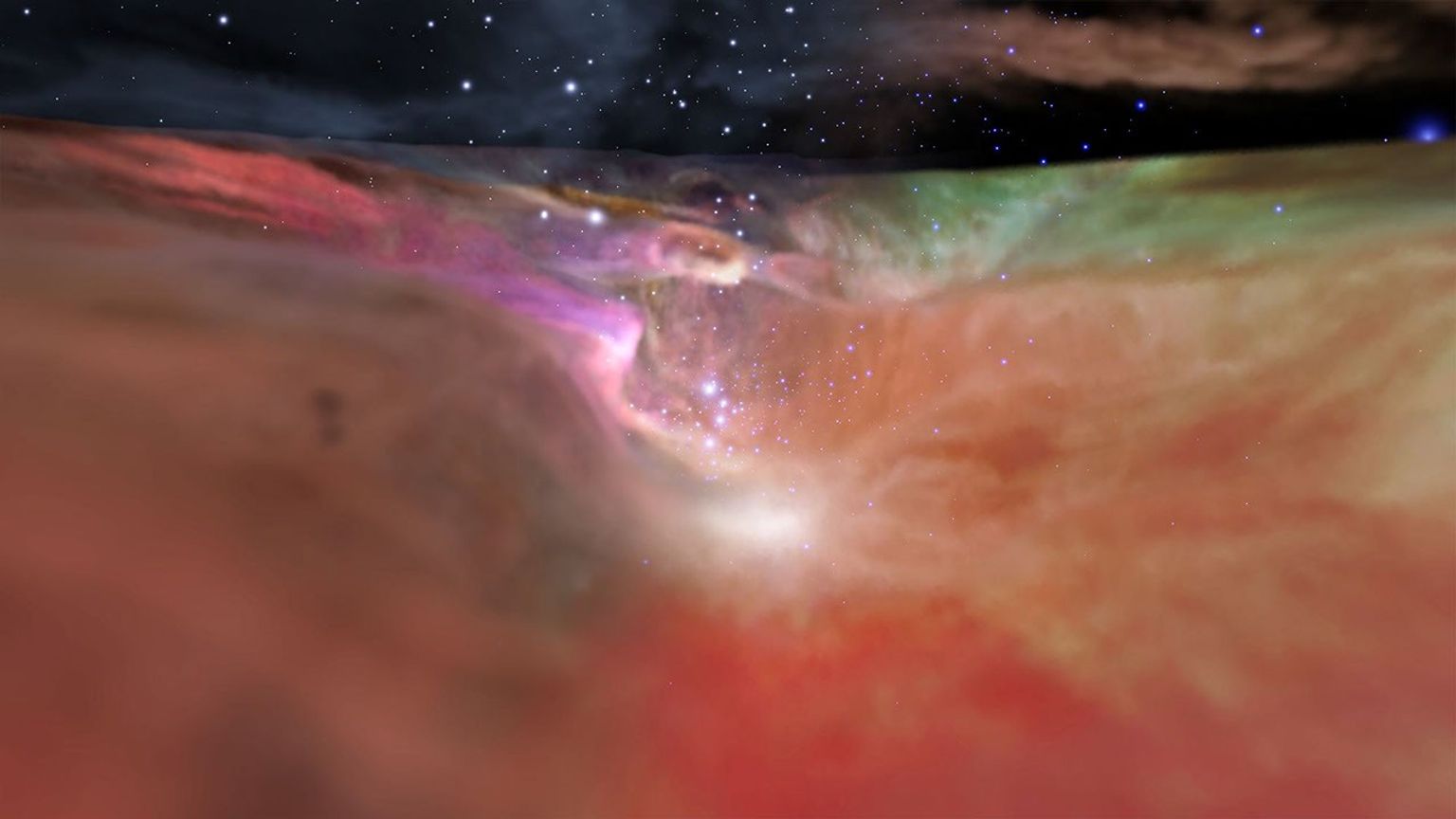 This artist's concept showcases both the visible and infrared visualizations of the Orion Nebula, looking down a 'valley' leading to the star cluster at far end.