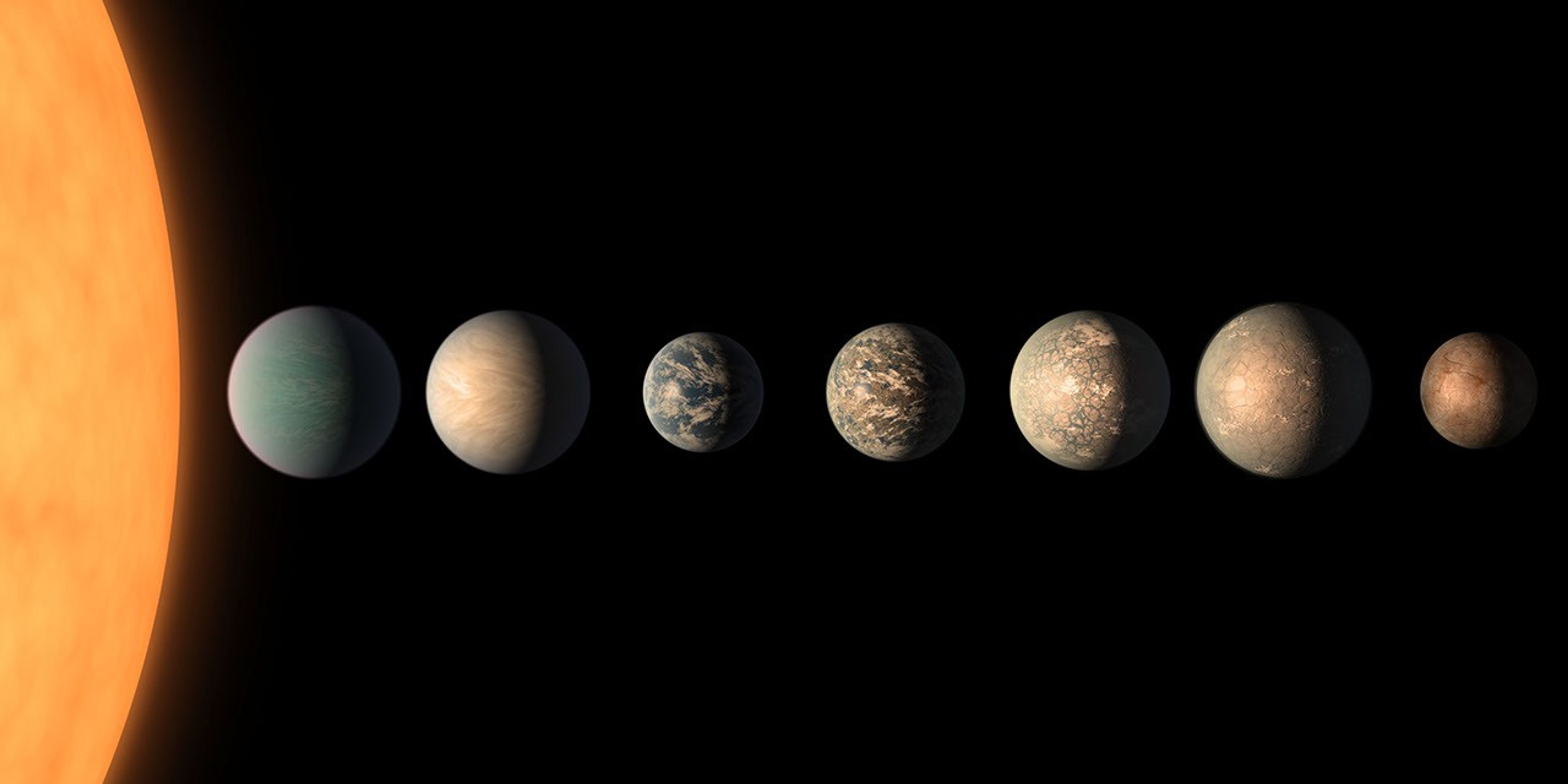 This artist's concept shows what the TRAPPIST-1 planetary system may look like, based on available data about the planets' diameters, masses and distances from the host star, as of February 2018.