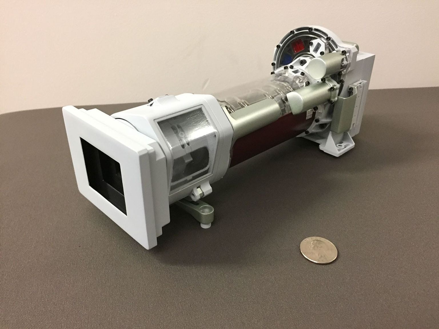 This image shows a 3-D printed model of Mastcam-Z, one of the science cameras on NASA's Mars 2020 rover. Mastcam-Z will include a 3:1 zoom lens.