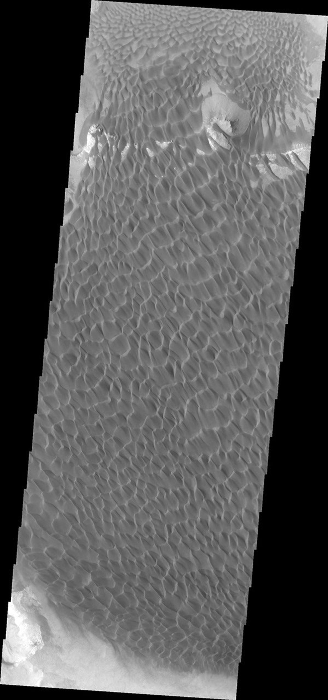 This image captured by NASA's 2001 Mars Odyssey spacecraft shows Rabe Crater. In this view the rim of the pit is visible near the top of the image.