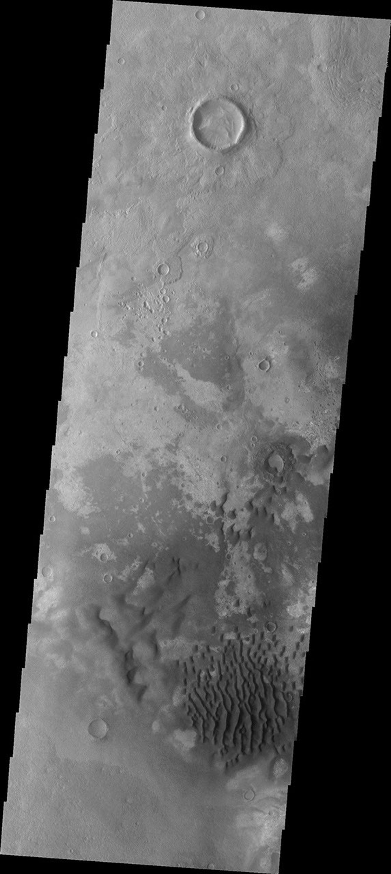This image of Kaiser Crater captured by NASA's 2001 Mars Odyssey spacecraft shows a region of the dunes with varied appearances.