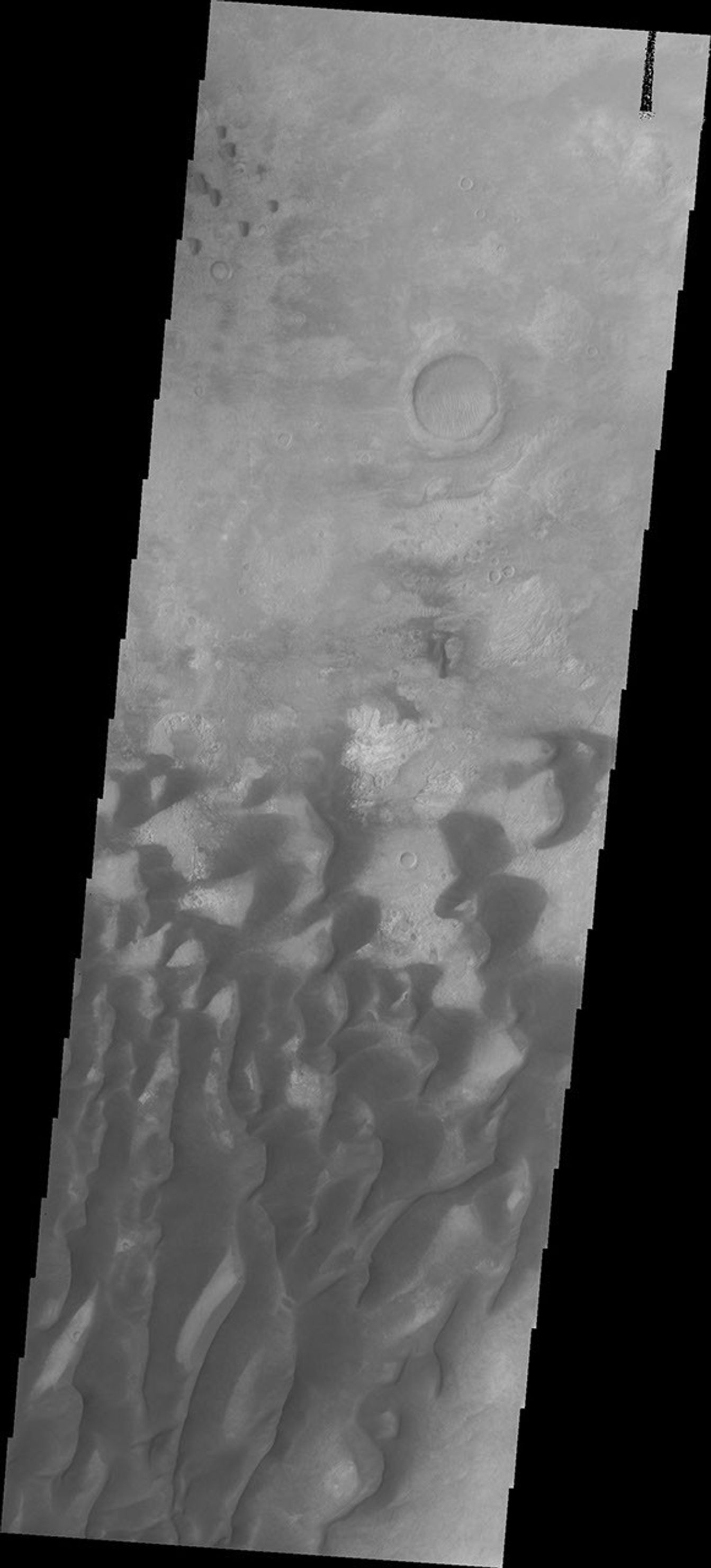 This image of Kaiser Crater from NASA's 2001 Mars Odyssey spacecraft shows a region of the dunes with varied appearances. The dune forms change from large long connected dunes, to large individual dunes, to the very small individual dunes.