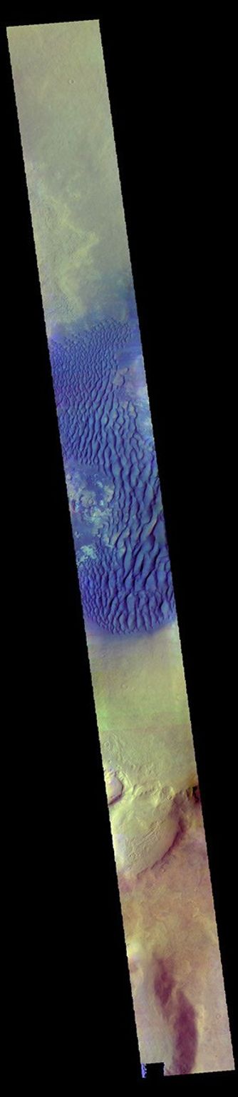 This is a false color image of Kaiser Crater captured by NASA's 2001 Mars Odyssey spacecraft. In this combination of filters 'blue' typically means basaltic sand.