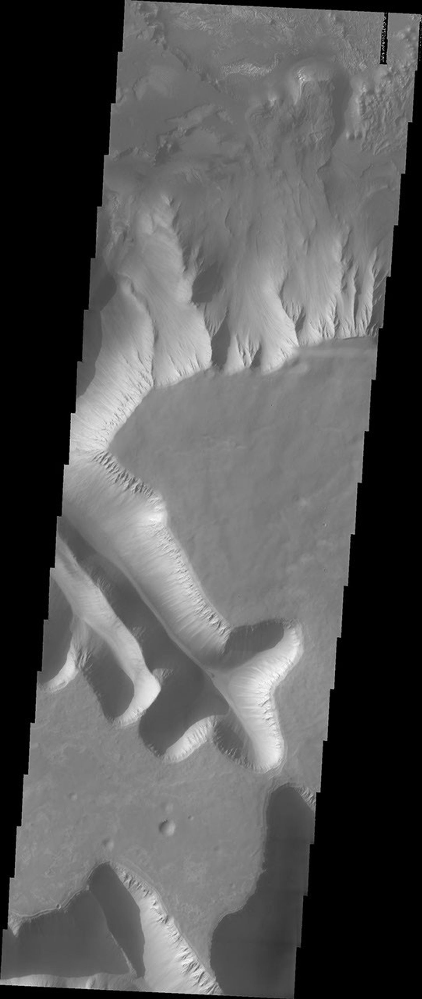 Ius Chasma is unique from the other chasmata of Valles Marineris in possessing mega gullies on both sides of the chasma. The largest mega gullies are located in Sinai Planum. This image was obtained by NASA's 2001 Mars Odyssey spacecraft.