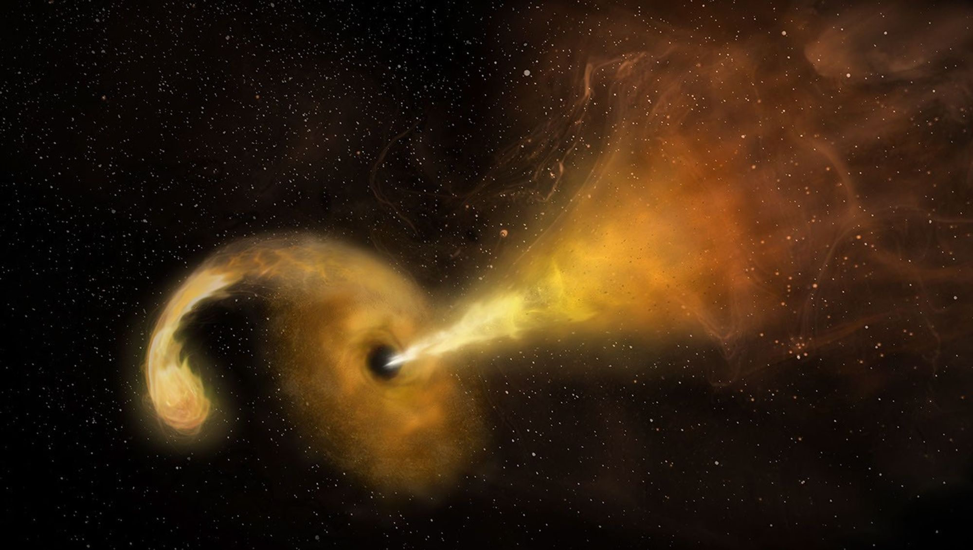 An artist's concept of a tidal disruption event, showing a red glowing star being stretched and torn apart near a black hole, with a bright jet firing outward
