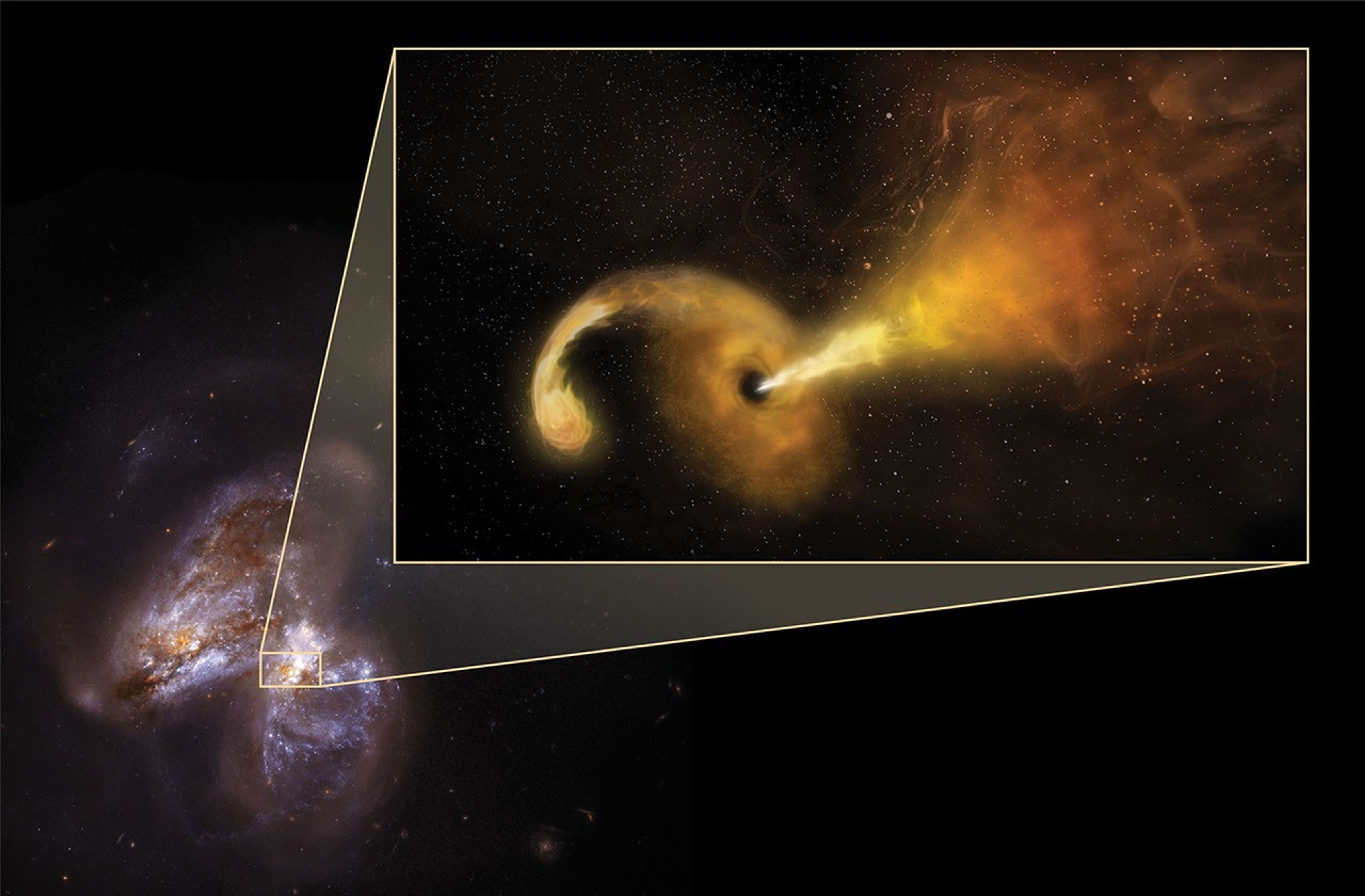 An image of the galaxy Arp299B, which is undergoing a merging process with Arp299A (the galaxy to the left), captured by NASA's Hubble space telescope.