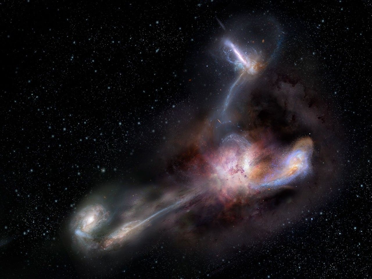 This artist's impression shows galaxy WISE J224607.55-052634.9, the most luminous galaxy ever discovered.