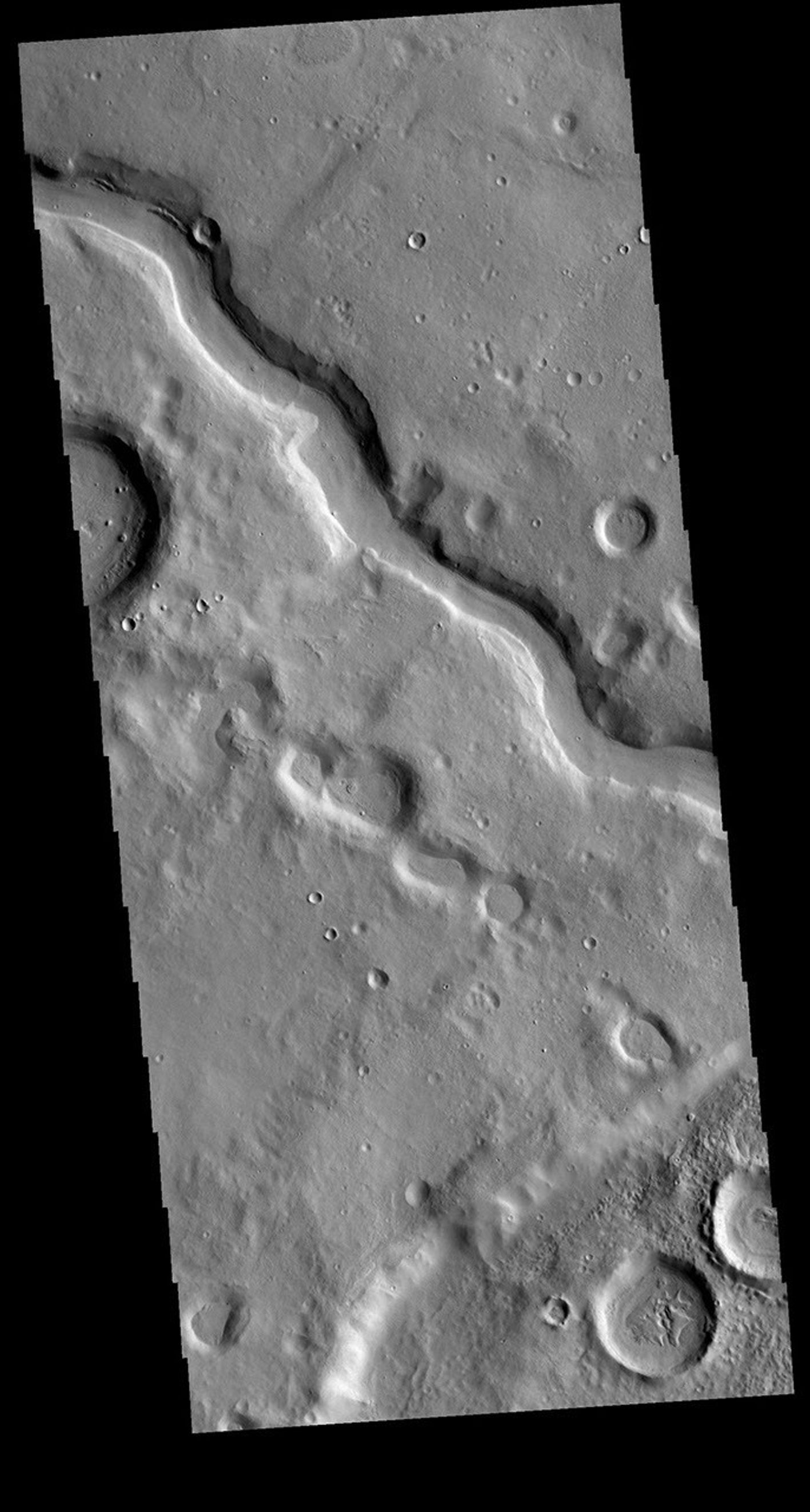 This image from NASA's 2001 Mars Odyssey spacecraft shows one of the numerous unnamed channels located in northern Arabia Terra.