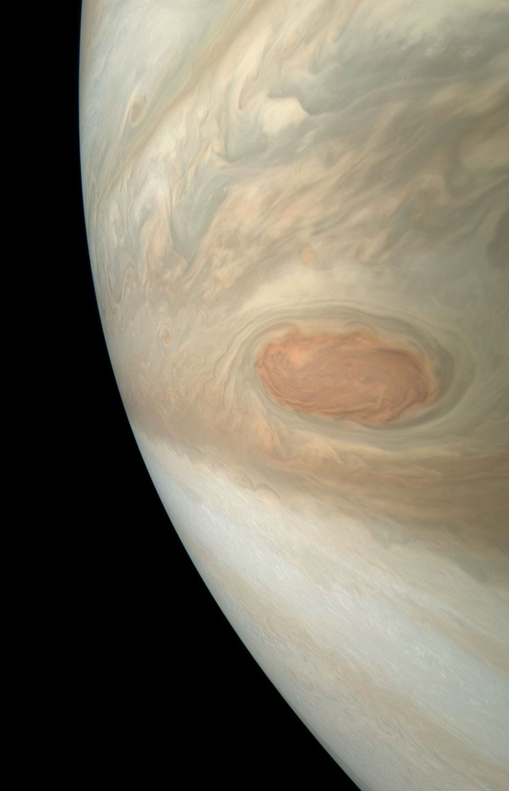 A swirling storm somersaults through Jupiter's South Equatorial Belt in this view taken by NASA's Juno spacecraft. This feature is not to be confused with the planet's iconic Great Red Spot.