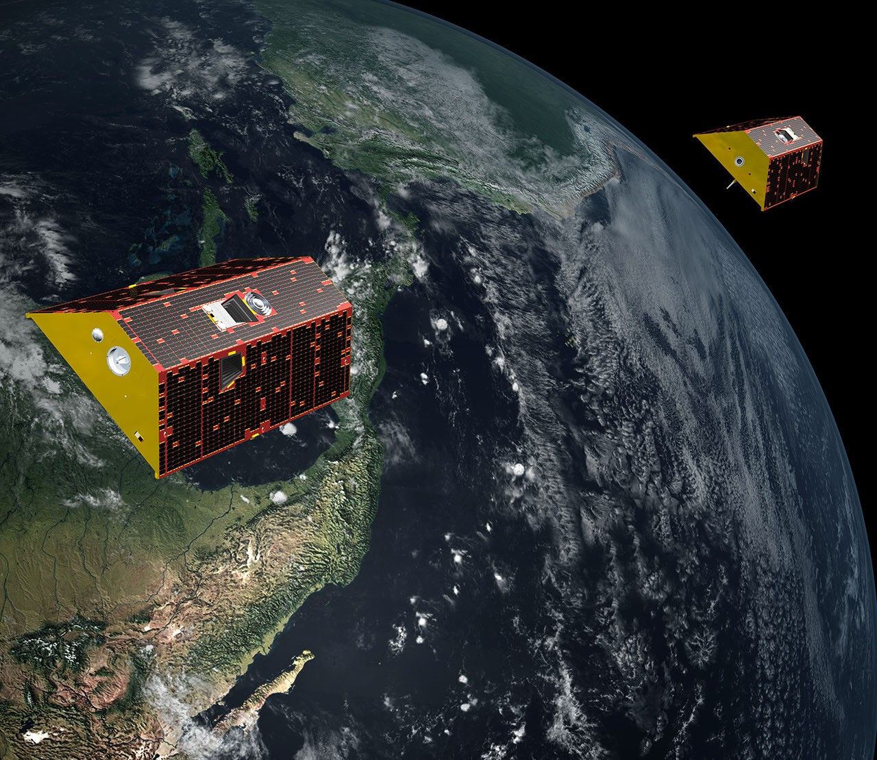 Illustration of the twin spacecraft of the NASA/German Research Centre for Geosciences (GFZ) GRACE-FO mission. GRACE-FO will continue tracking the evolution of Earth's water cycle by monitoring changes in the distribution of mass on Earth.