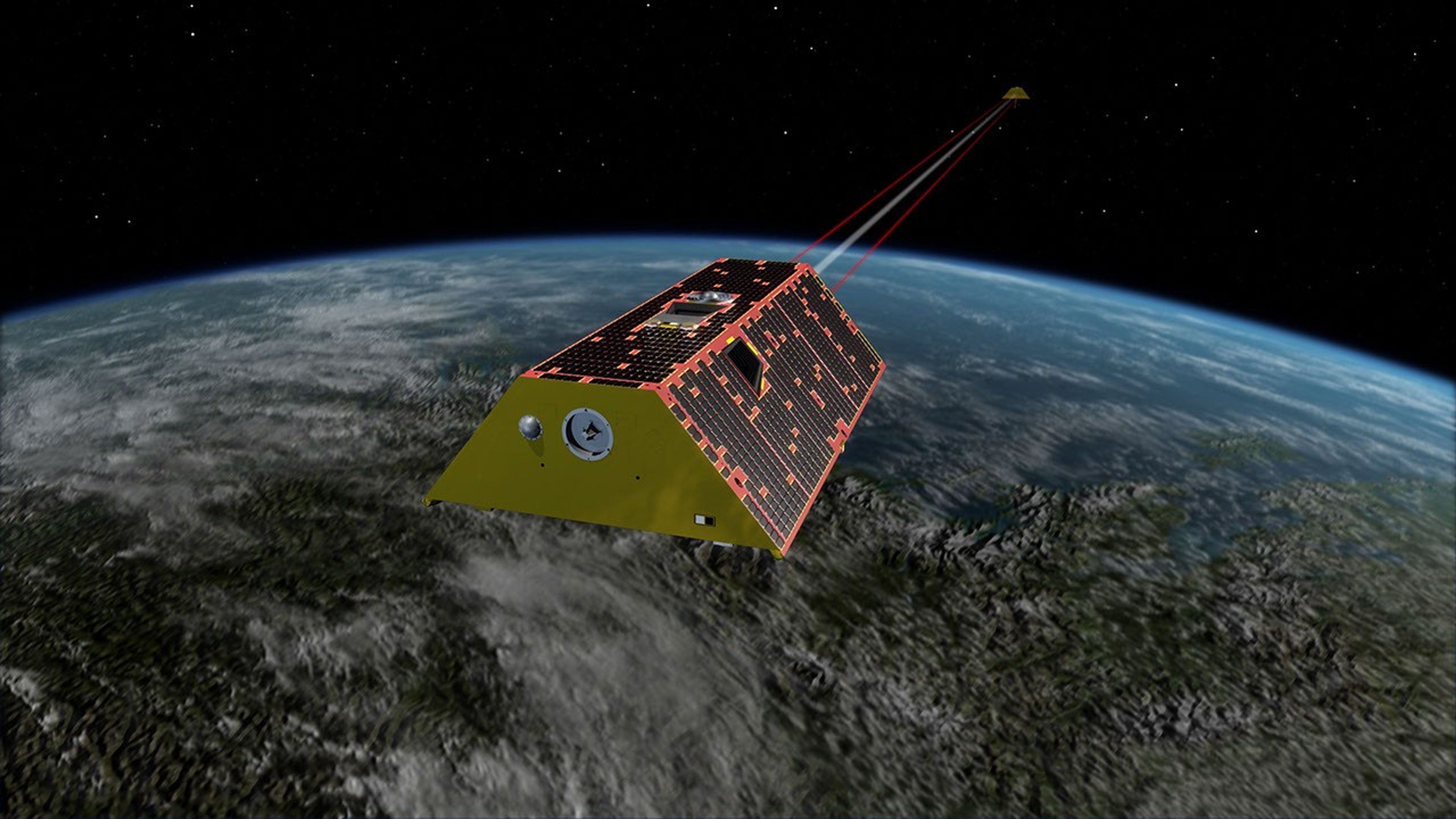 Illustration of the twin spacecraft of the NASA/German Research Centre for Geosciences (GFZ) GGRACE-FO mission. GRACE-FO will continue tracking the evolution of Earth's water cycle by monitoring changes in the distribution of mass on Earth.