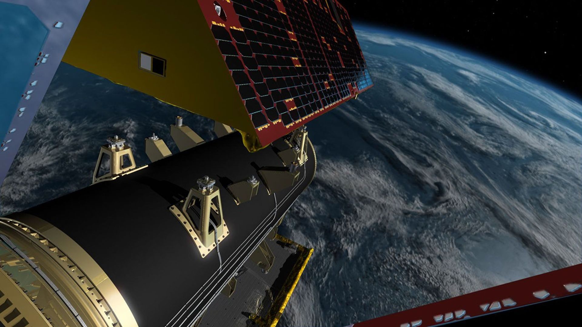 Illustration of the twin spacecraft of the NASA/German Research Centre for Geosciences (GFZ) GGRACE-FO mission. GRACE-FO will continue tracking the evolution of Earth's water cycle by monitoring changes in the distribution of mass on Earth.