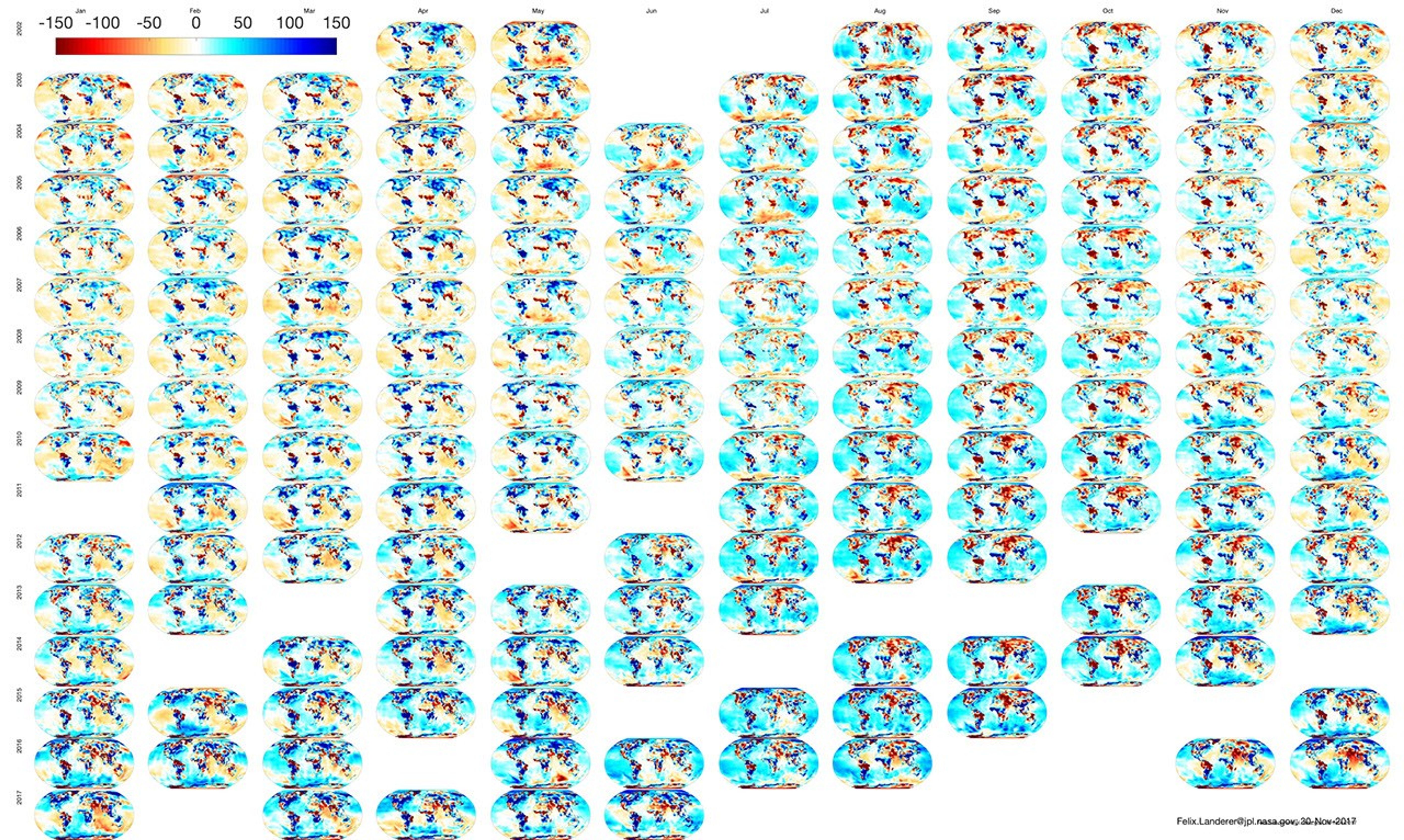 NASA's GRACE mission produced maps of anomalies in Earth's gravity field almost every month from April 2002 to June 2017.