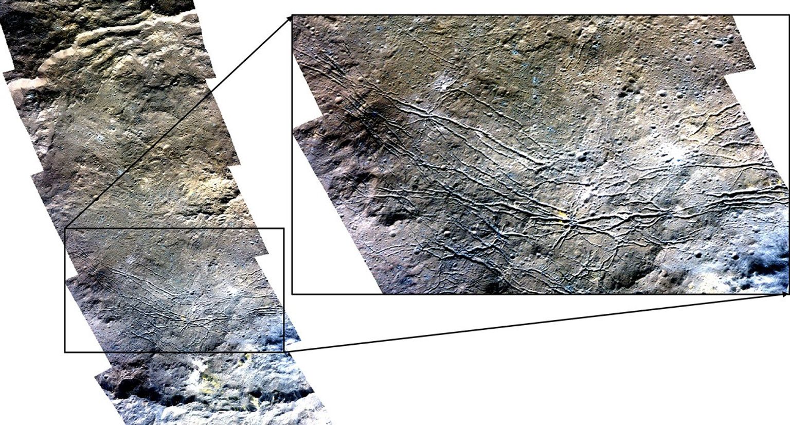 This color mosaic of Dantu Crater was obtained by NASA's Dawn spacecraft on May 23, 2018 from an altitude of about 305 miles (490 kilometers).