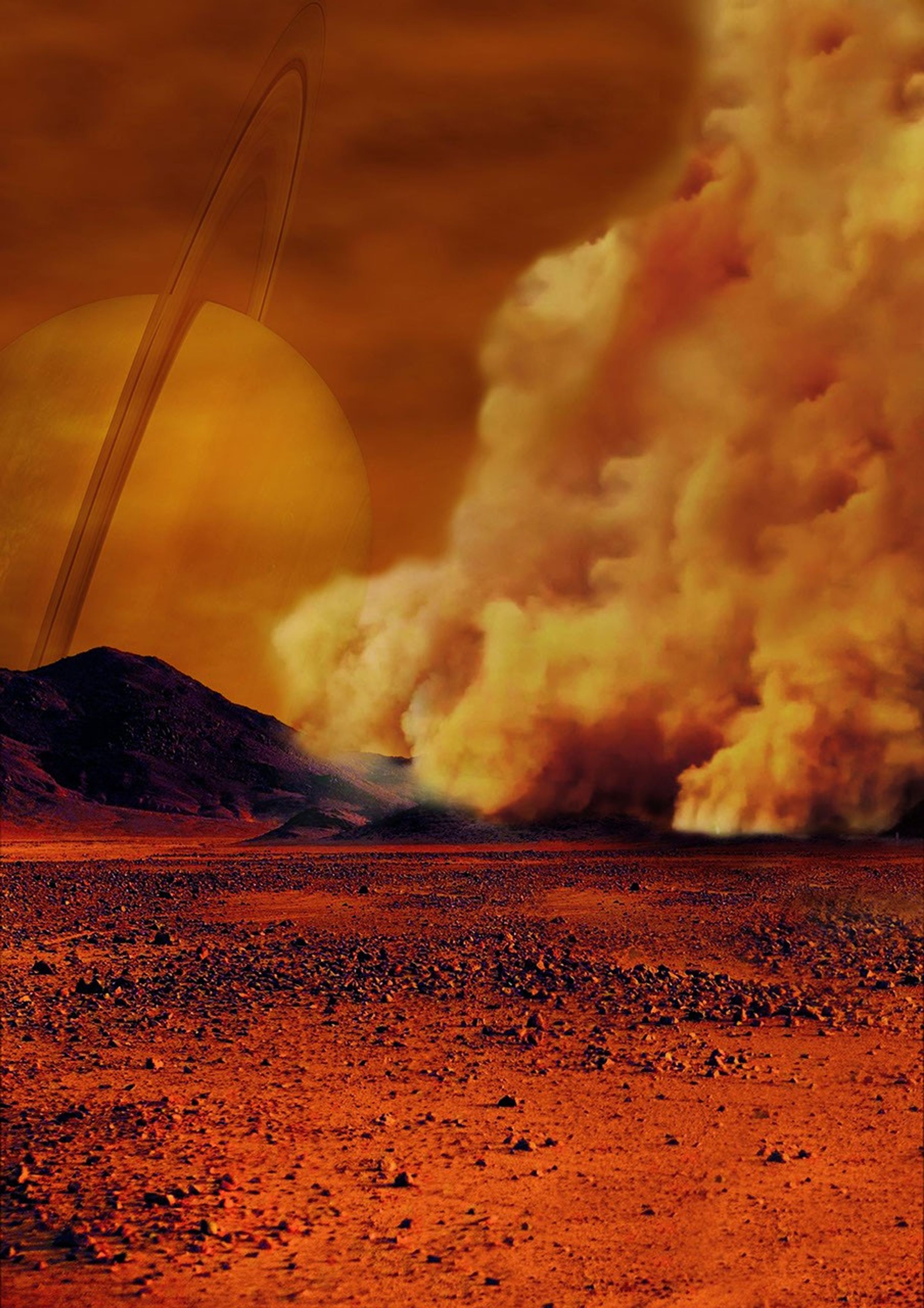 Artist's concept of a dust storm on Saturn's moon, Titan.