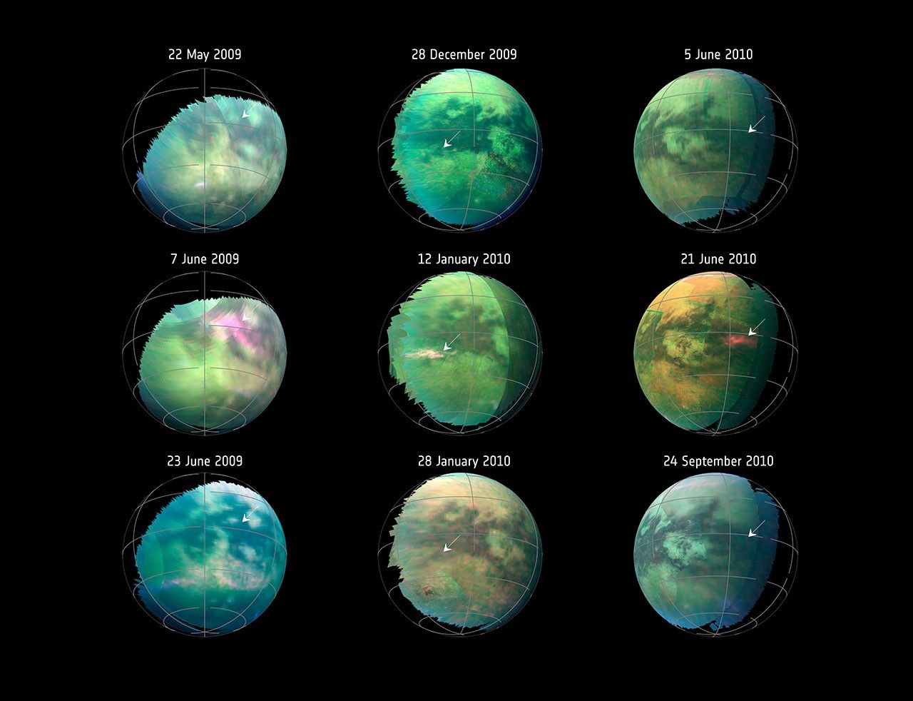 This compilation of images from nine flybys of Titan by NASA's Cassini spacecraft in 2009 and 2010 captures three instances when clear bright spots suddenly appeared in images.