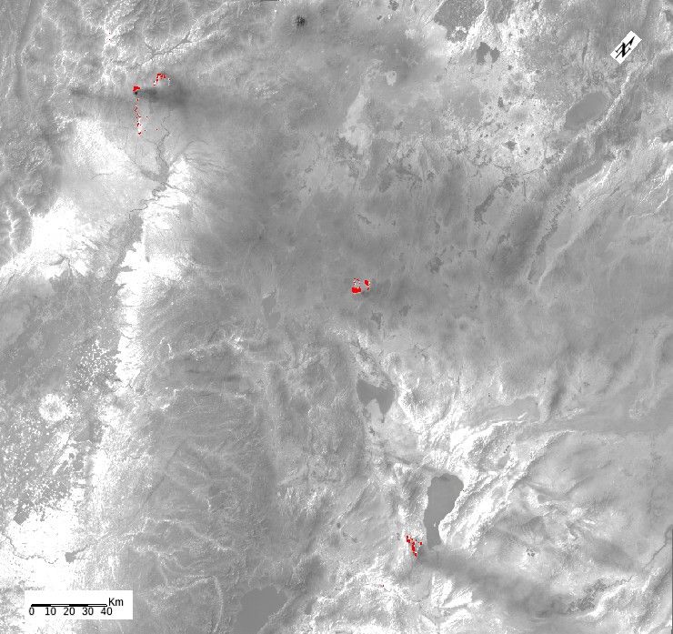 ECOSTRESS, NASA's Earth-observing mission, detected three wildfires burning in the western US on July 28, 2018, the Carr and Whaleback fires in California, and the Perry Fire in Nevada.