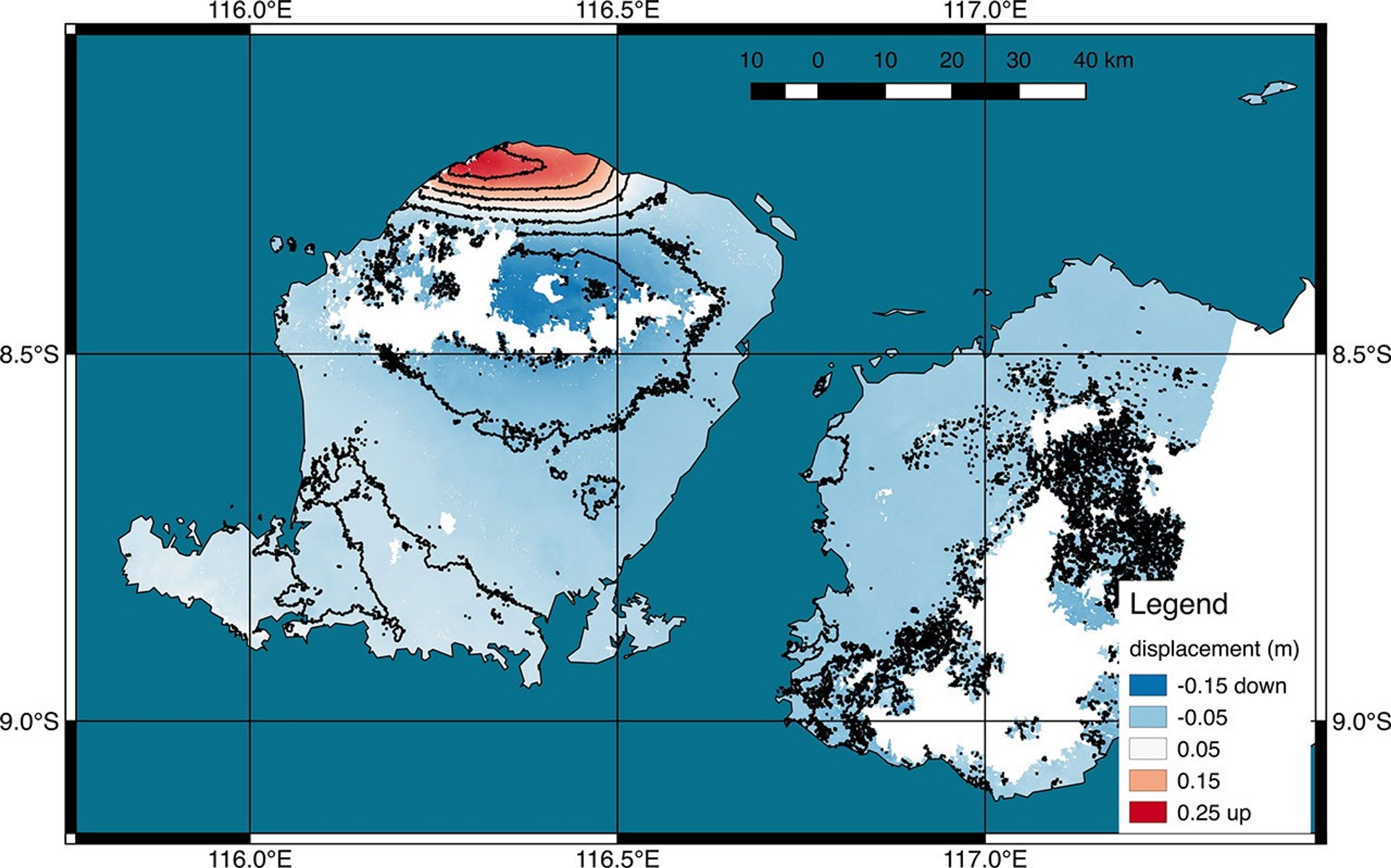 Scientists with NASA's ARIA used satellite data to produce a map of ground deformation on the resort island of Lombok, Indonesia following a deadly, 6.9 magnitude earthquake on August 5, 2018.