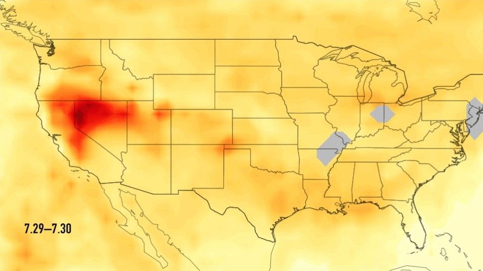 This image is one of a series showing carbon monoxide (in orange/red) from California's massive wildfires drifting east across the U.S. between July 30 and August 7, 2018.