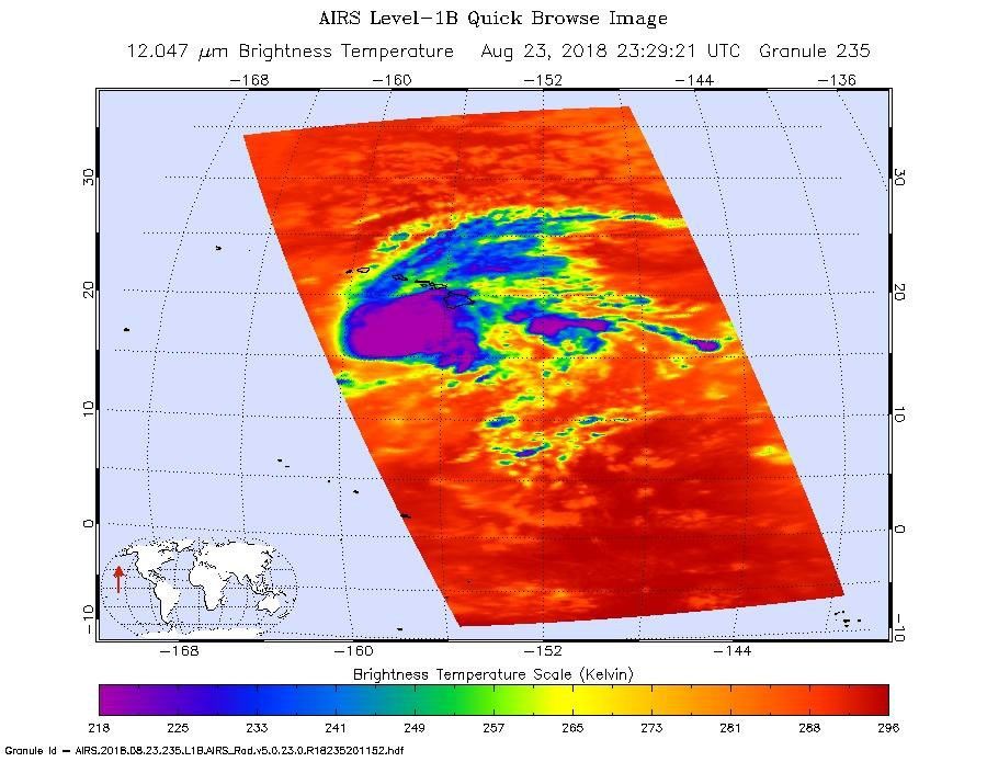 This image shows Hurricane Lane as observed by NASA's Aqua satellite Friday, August 24, 2018. Purple shows very cold clouds high in the atmosphere, blue and green show the warmer temperatures of lower;orange and red areas have almost no clouds.