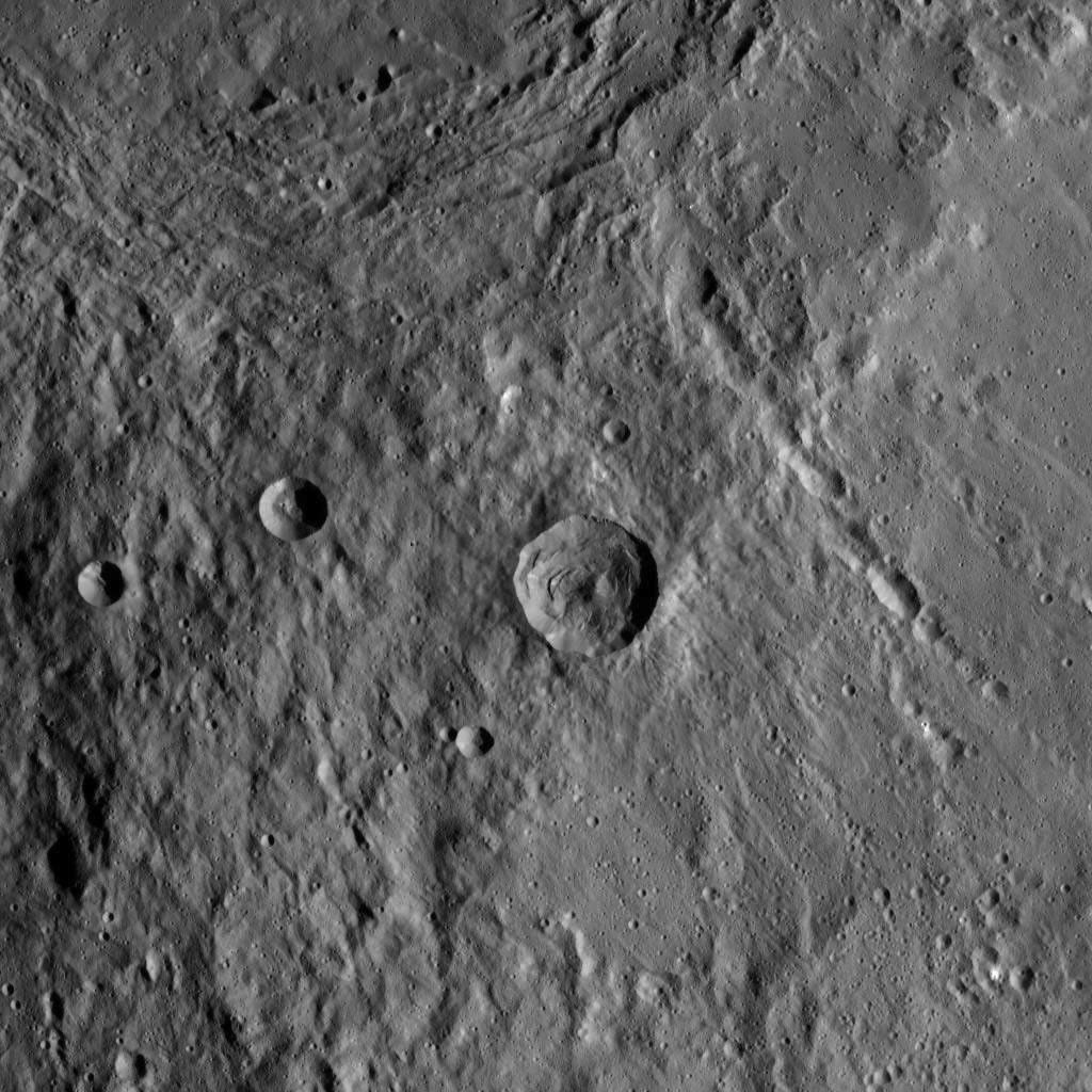 This image of the region between Urvara Crater's eastern rim and Yalode Crater's western rim was obtained by NASA's Dawn spacecraft on May 20, 2018 from an altitude of about 1070 miles (1720 kilometers).