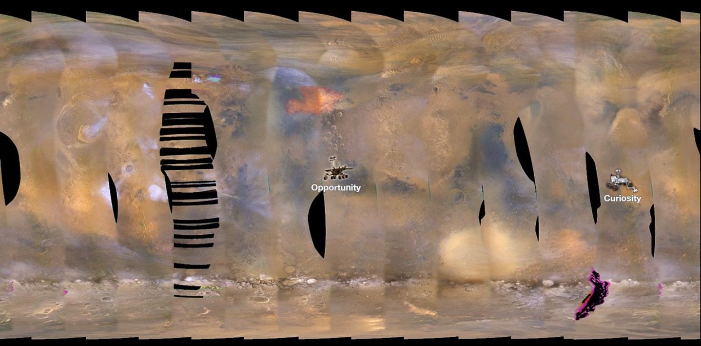 This image from NASA's Mars Reconnaissance Orbiter shows a fierce dust storm is kicking up on Mars, with rovers on the surface indicated as icons.