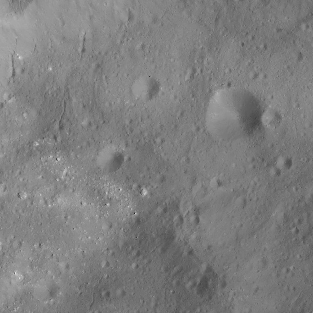 This image, obtained by NASA's Dawn spacecraft on June 9, 2018, shows subtle features on Ceres from an altitude of about 33 miles (53 kilometers).