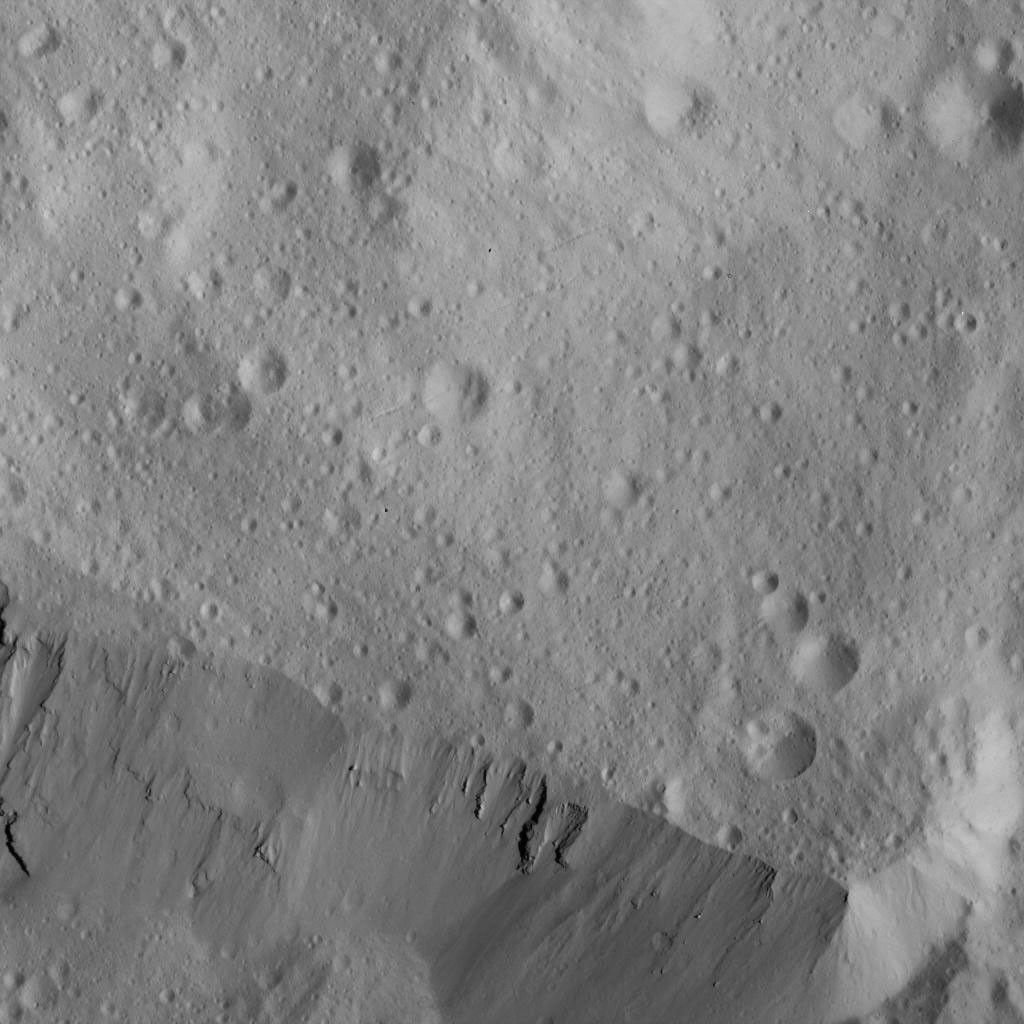 This image of the eastern rim of Occator Crater was obtained by NASA's Dawn spacecraft on June 10, 2018 from an altitude of about 22 miles (36 kilometers).