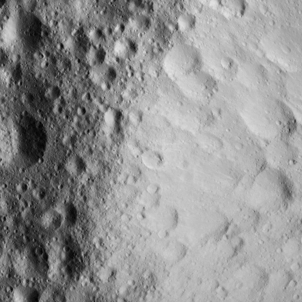 This image of a battered crater rim on Ceres was obtained by NASA's Dawn spacecraft on June 10, 2018 from an altitude of about 25 miles (40 kilometers).