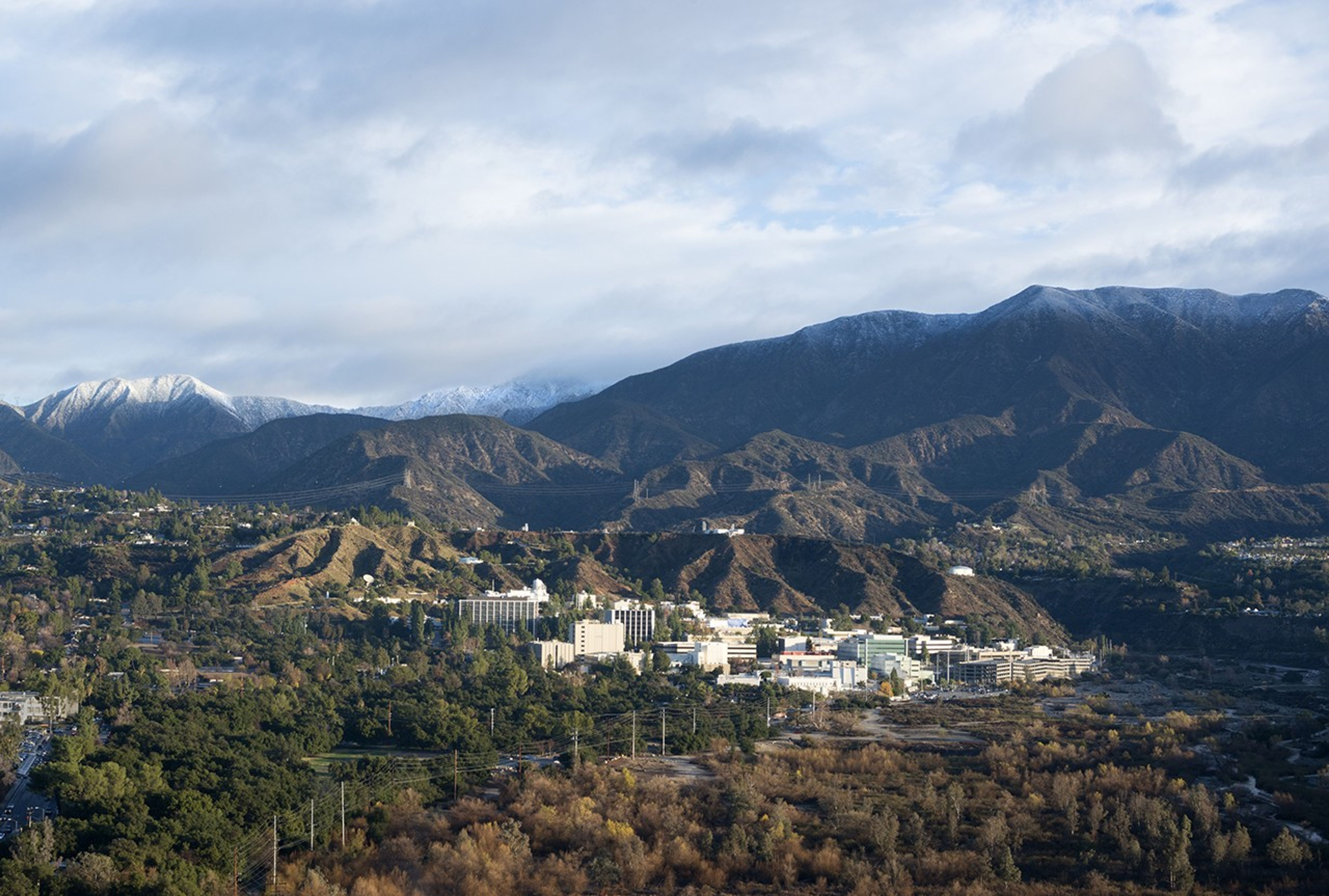 Photo of NASA's Jet Propulsion Laboratory nestled in the Pasadena, Calif. hillside, taken in January, 2016.