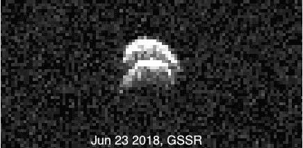 Radar images of the binary asteroid 2017 YE5 from NASA's Goldstone Solar System Radar (GSSR). The observations, conducted on June 23, 2018, show two lobes, but do not yet show two separate objects.