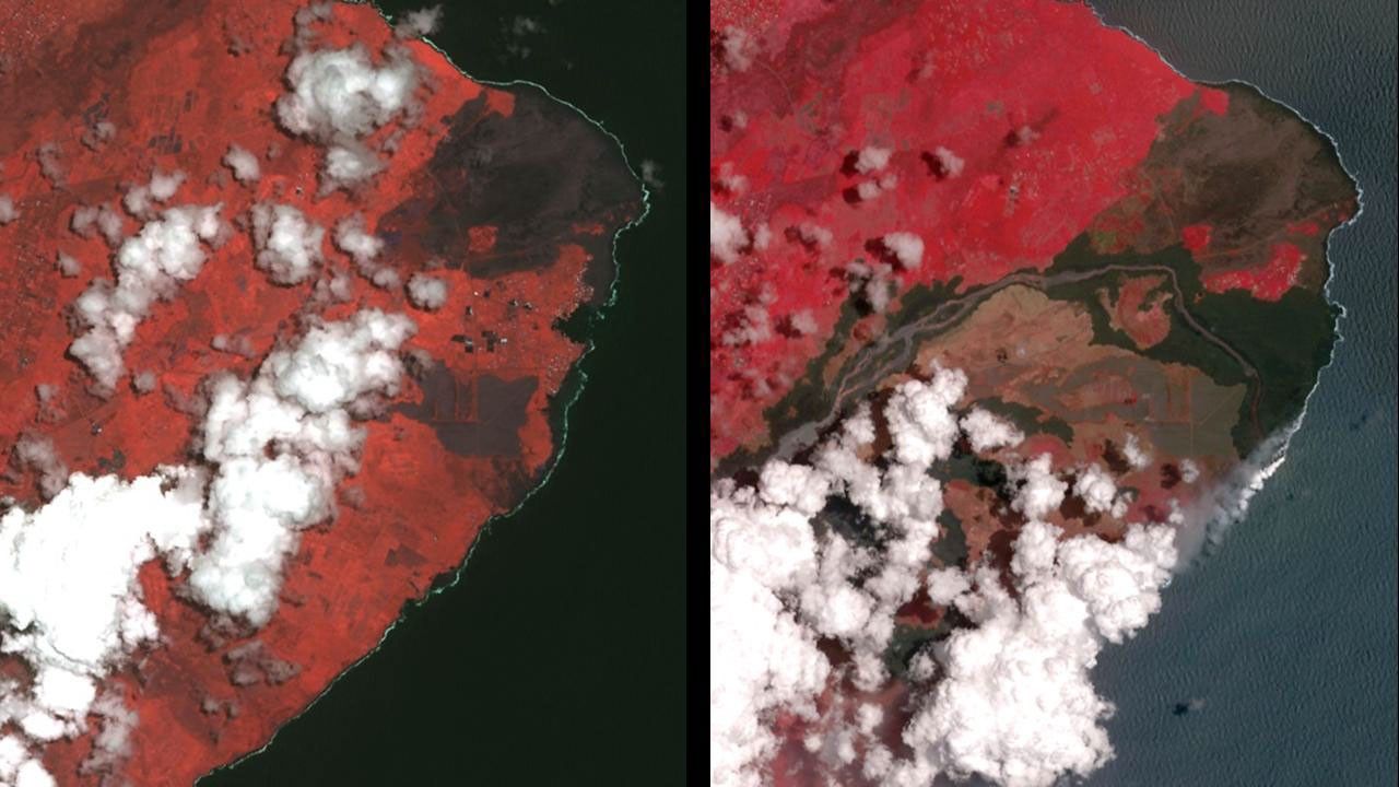 NASA's Terra spacecraft obtained near-infrared data of the ongoing Kilauea volcano eruption and its impact on the Leilani Estates area on May 15, 2018 (left) and June 23, 2018 (right). New dark areas show where the ground has been covered with lava flows.