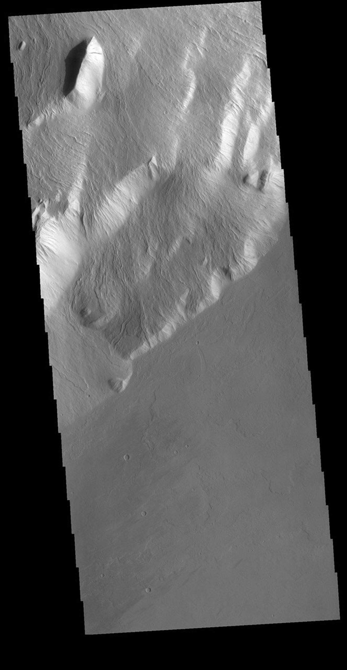 This image from NASA's Mars Odyssey shows Olympus Rupes, the large escarpment surrounding Olympus Mons. The escarpment is a cliff where there is a large elevation change over a short distance.