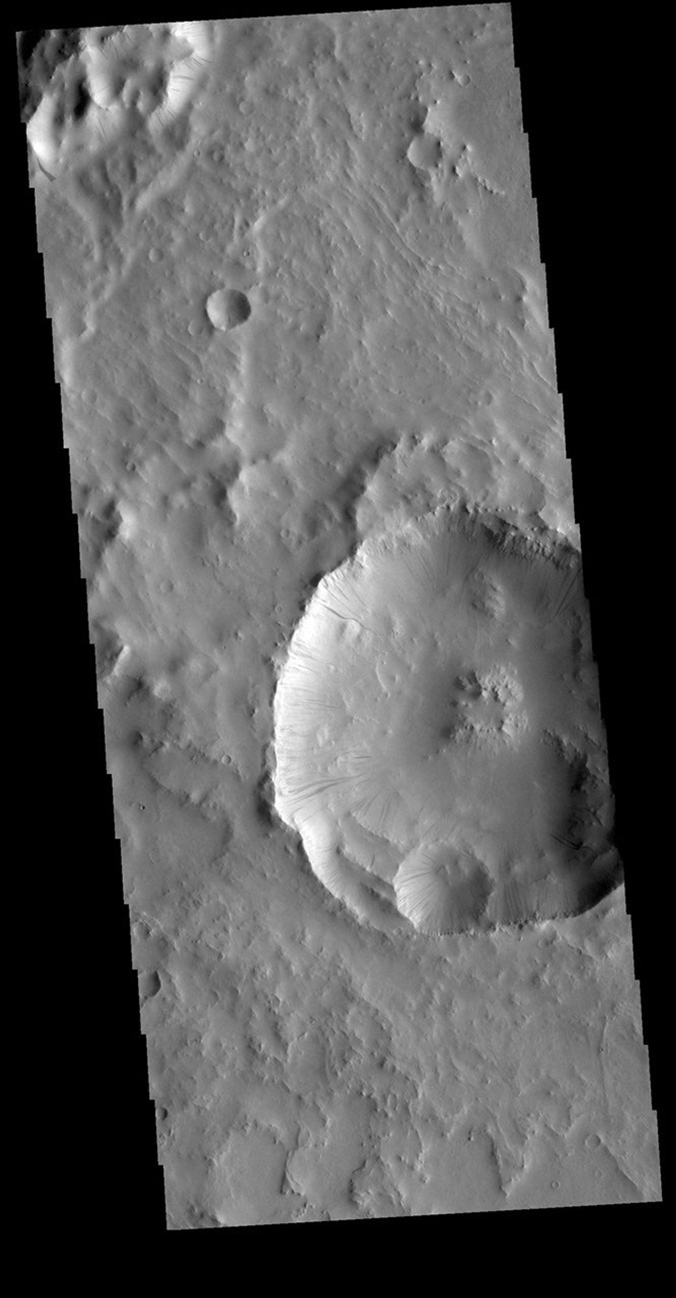 This image from NASA's Mars Odyssey shows an unnamed crater in Terra Sabaea. The entire inner rim of the crater contains dark slope streaks.