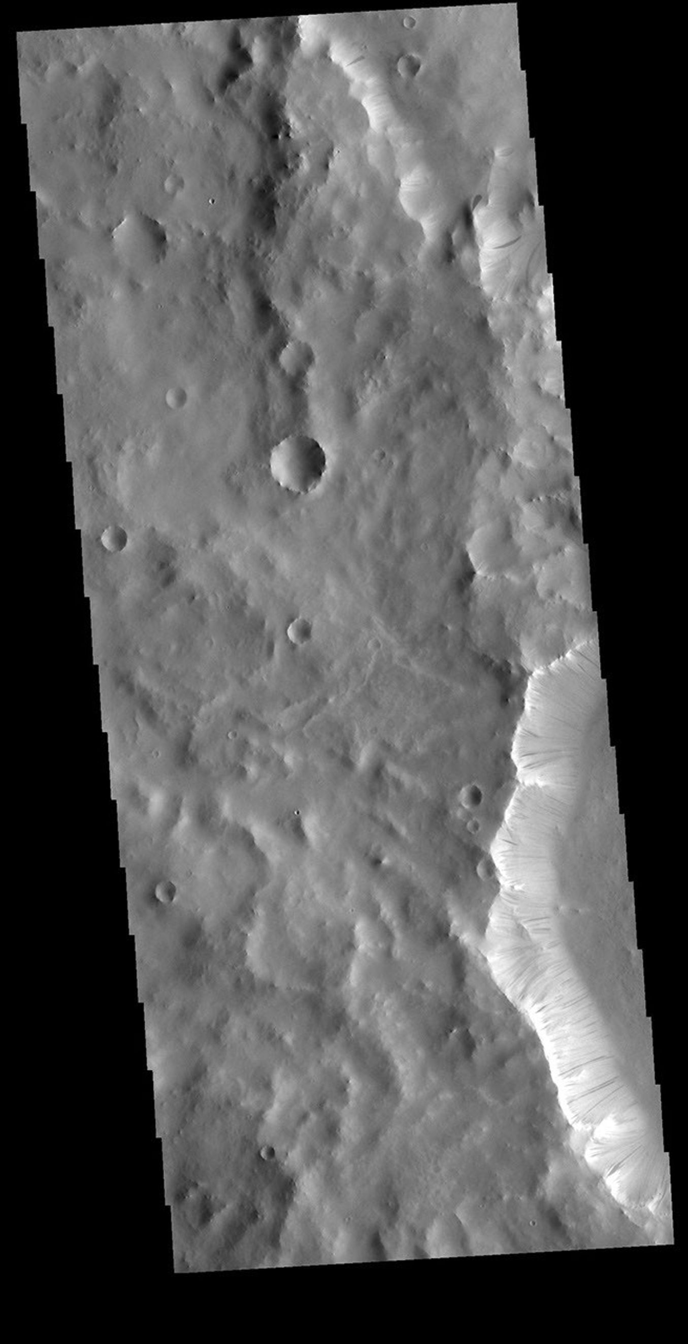 This image from NASA's Mars Odyssey shows a ridge, located in Terra Sabaea, which contains dark slope streaks. These features are thought to form by downslope movement of material.