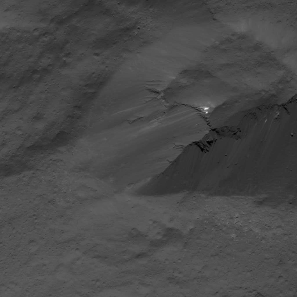 This image of a scarp in Occator Crater on Ceres was obtained by NASA's Dawn spacecraft on July 3, 2018 from an altitude of about 26 miles (42 kilometers).