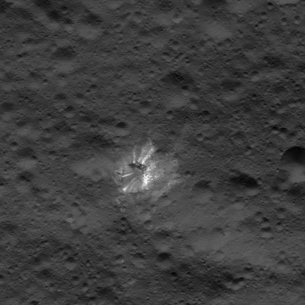 This image of a bright crater on Ceres was obtained by NASA's Dawn spacecraft on July 17, 2018 from an altitude of about 25 miles (41 kilometers).