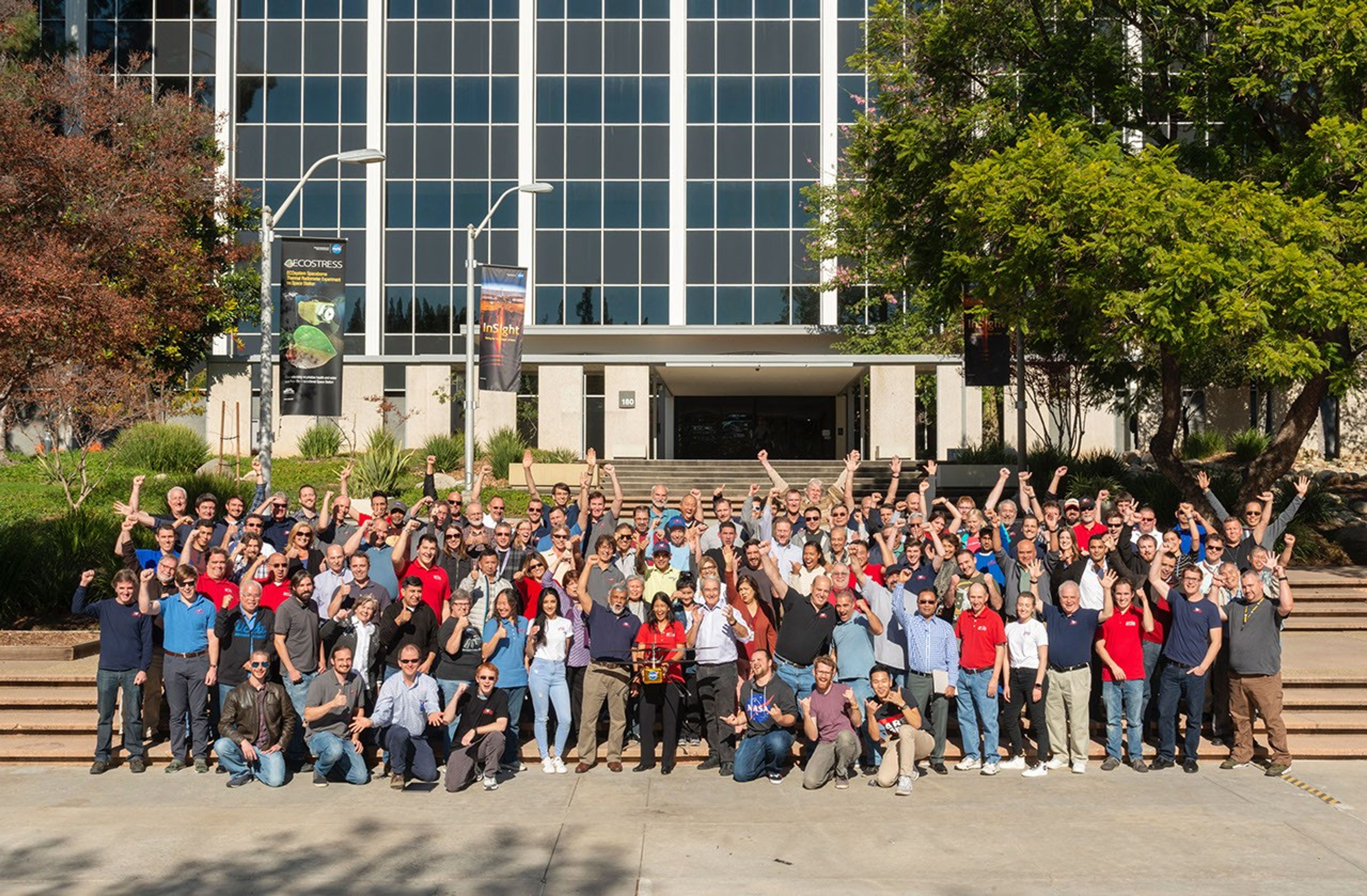 Morale was high as the Mars Helicopter team gathered for a group photo on Dec. 3, 2018, at NASA's Jet Propulsion Laboratory in Southern California.