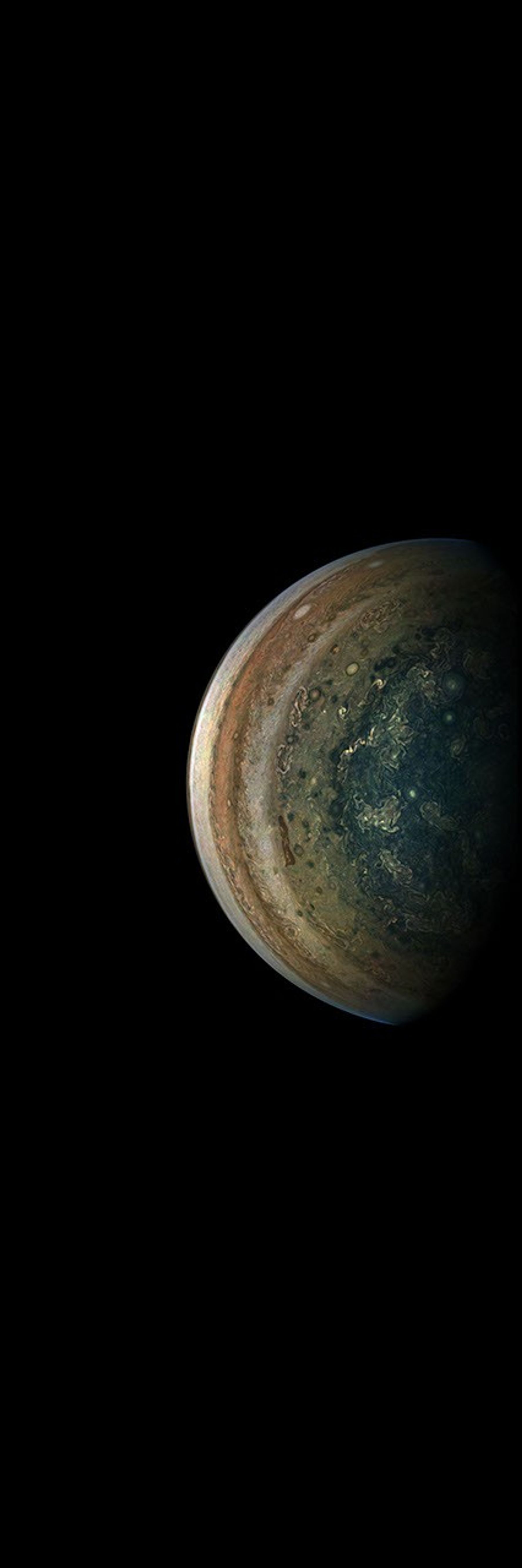 In the final minutes of a recent close flyby of Jupiter, a departing view of the planet's swirling southern hemisphere was captured in this image from NASA's Juno spacecraft.