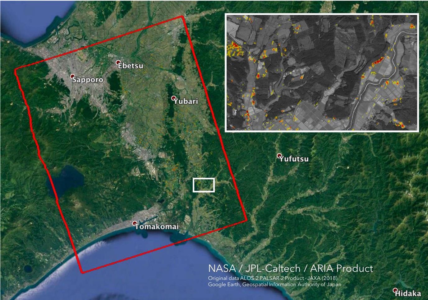 NASA's Jet Propulsion Laboratory created this Damage Proxy Map (DPM) depicting areas in the southwestern part of Hokkaido, Japan, that are likely damaged as a result of the M6.6 September 5 earthquake in 2018 (shown by red and yellow pixels).